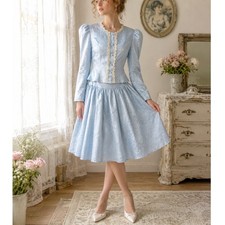 Vintage 80s Gunne Sax Jessica McClintock Blue Moire Skirt Suit Set SZ 7 Coquette