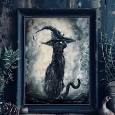 Hallowed Hat - Gothic Art Print - Black Cat with Witch Attire in Surreal Setting
