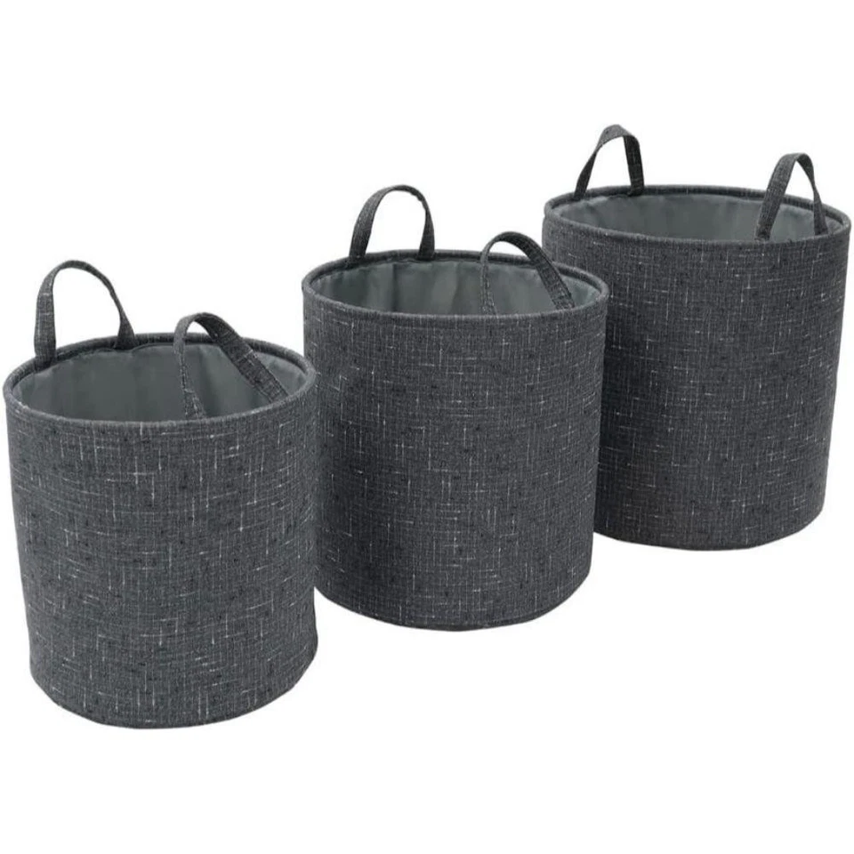 JVL Shadow  Round Fabric Storage Baskets with Handles  Set of 3 S,M,L  Grey - Image 2 of 4