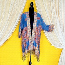 Boho Gold & Blue Floral Pashmina Scarf Kimono Cardigan Soft Surroundings OS