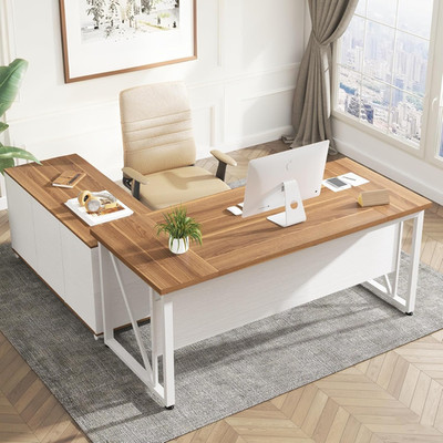 Executive 63-Inch L Shaped Desk & 47-Inch File Cabinet for Home Office, Walnut/W