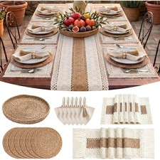 Boho Farmhouse Table Runner Set with Wide Burlap Stripe, Round Woven Placemats