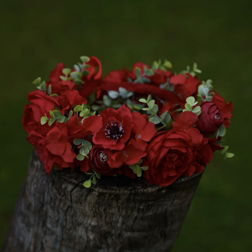 Flower Headband Head Garland Hair Band Floral Crown Wreath Festival Wedding Red - Image 3 of 3