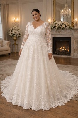 UK Übergröße Langarm Brautkleider A Linie Spitze Glitzer Tüll Brautkleid 