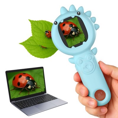 2-in-1 Microscope Camera for Kids, Mini Handheld Blue Dinosaur 