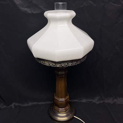 Vintage Wood and Brass Table Lamp 24.5H with White Opal Milk Glass Shade