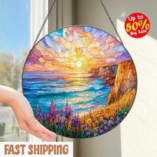 Coastal Sunset Stained Glass Suncatcher, Ocean Cliff Wildflower Landscape Window