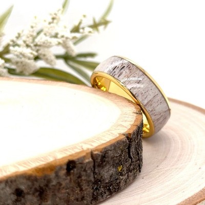 8mm Yellow Gold Tungsten Christmas Band Antrel Wood Inlay Custom Engraved Ring