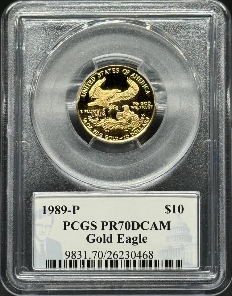Lingotes P Gold Eagle 1989 $10 1/4 oz graduación profesional PR-70 DCAM Gold Eagle Foto 2 de 2