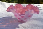 Vintage Fenton Cranberry Opalescent Coin Dot Ruffled Bowl 3 1/2" Tall