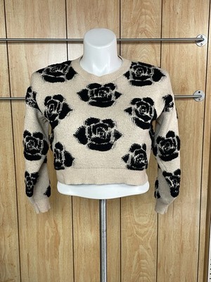 Threaded Leaf Long Sleeve Rounded Neckline Beige/ Black Flowers Sweater  Size S