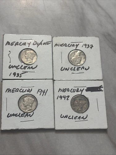 Assorted Lot Of 4 1935-42 Silver Mercury Dimes Coins “Unclean / Not Cleaned”