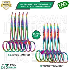 10 Pcs Mosquito Hemostat Forceps 5" STR & CVD Multi Titanium Rainbow German Grad