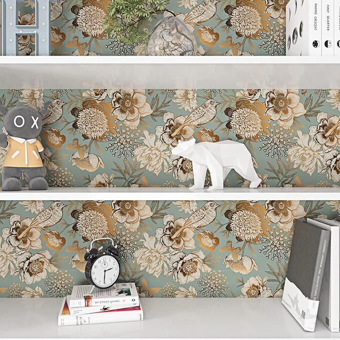 17.5in×39ft Gold Peel and Stick Wallpaper Vintage Floral Wallpaper Gold