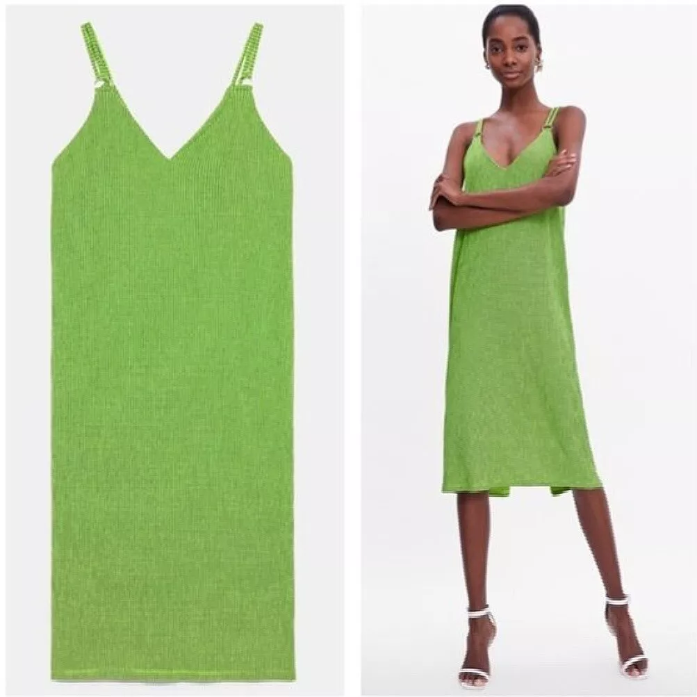 Zara Neon Green Gingham Check Slip Dress S