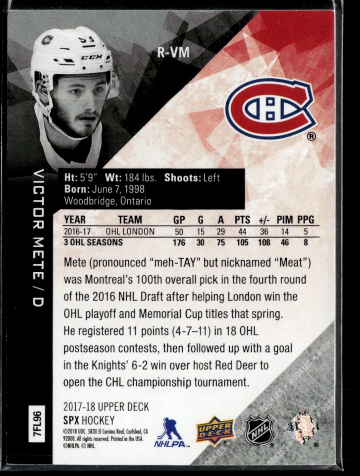 2017-18 SPx Rookies Victor Mete 258/299 #R-VM - Image 2 of 2