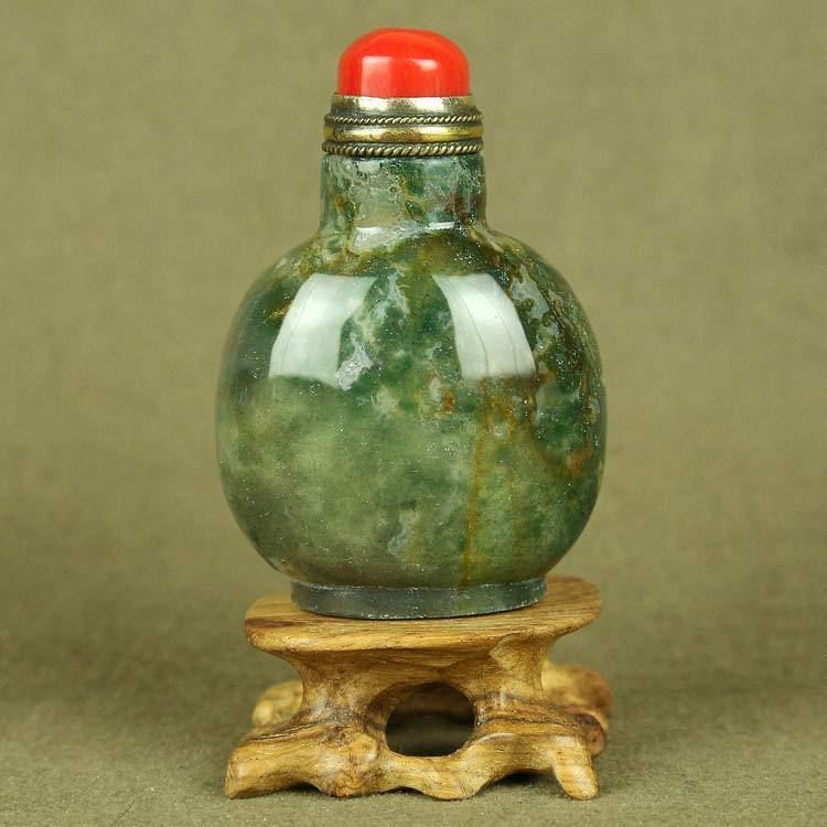 With Red Coral Top Lid Chinese Old Floater Green Moss Agate Carved