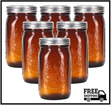 eleganttime Amber Glass Mason Jars 32 oz Wide Mouth with Airtight Lids and Bands