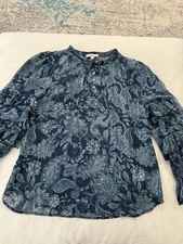Frye And Co Navy Blue Paisley Semi Sheer Long Sleeve Top Sz Large E57