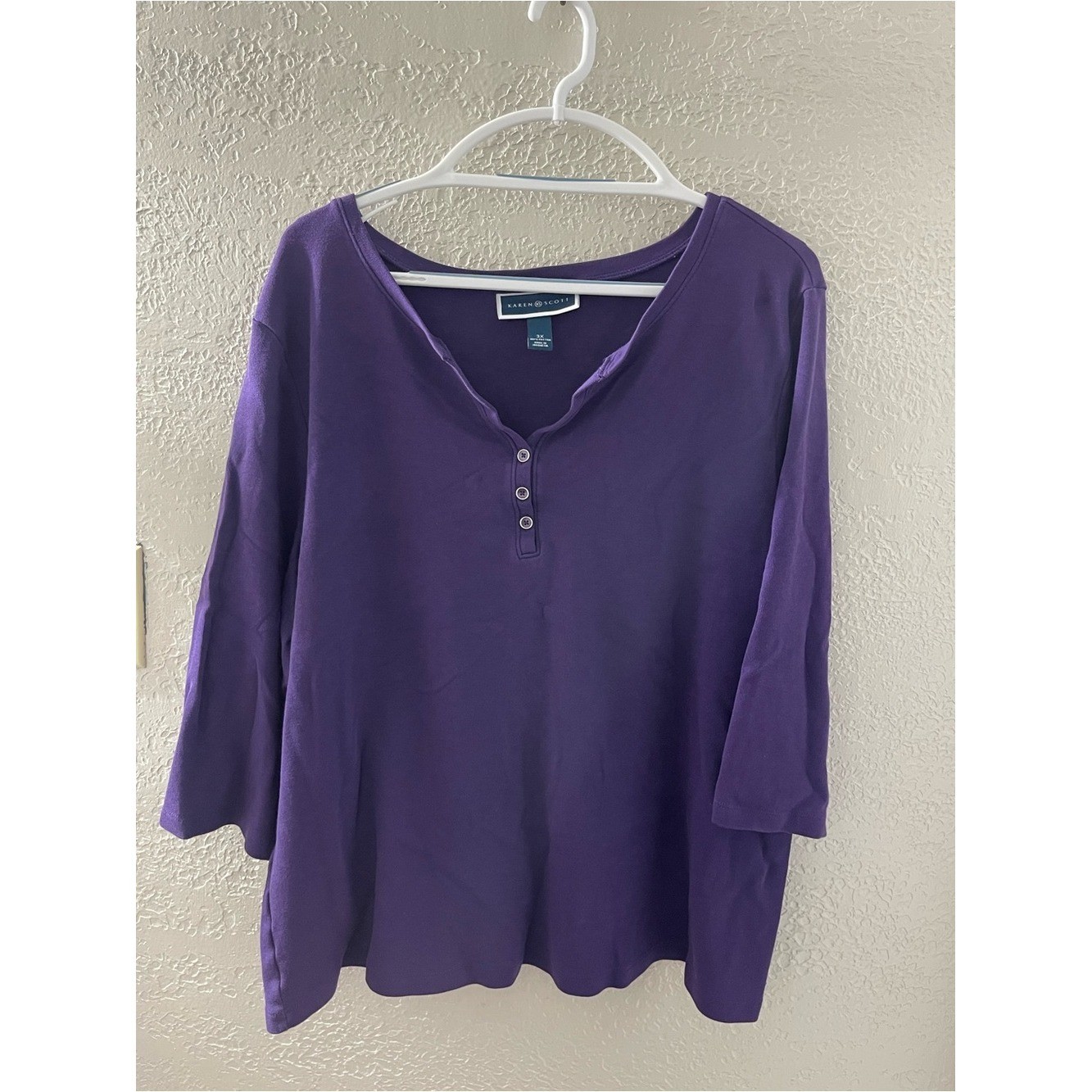 Karen Scott Women's Deep Purple Three-Button Henley Casual Long Sleeve Top 3X