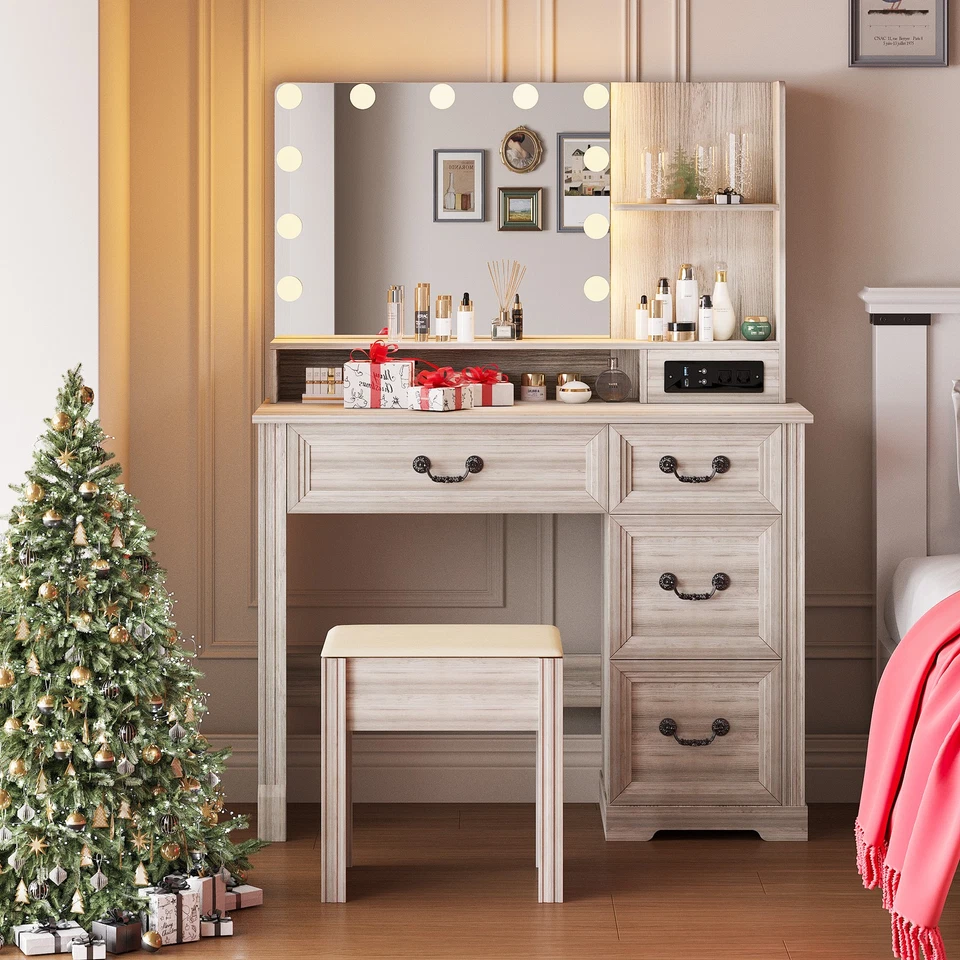 Vanity Desk with Lighted Mirror & Power Outlet Makeup Vanity Table with Stool - Image 4 of 4