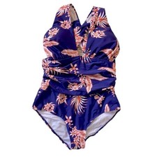 NWT Navy blue coral floral one piece cross back swimsuit ruched tummy medium
