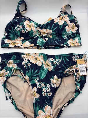 Kona Sol Women's Plus Shirred  Bikini top and bottom  20W/22W floral