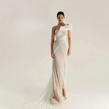 One Shoulder Tulle Sheer Mermaid Wedding Dresses Open Back Slit Long Train Gowns