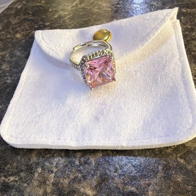Silver Tone Pink Square-Cut Stone Halo Cocktail Ring w/ Clear Accents Size 7