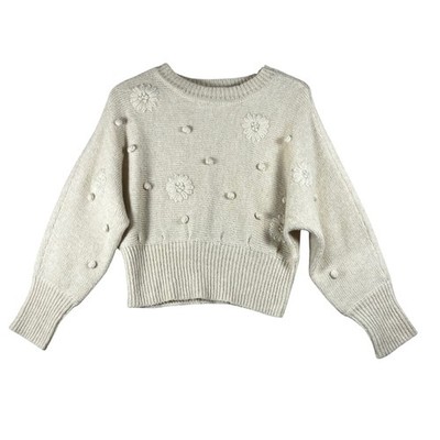 LUSH Cream Floral Embroidered Pom Pom Knit Sweater Cropped Wool Blend Small