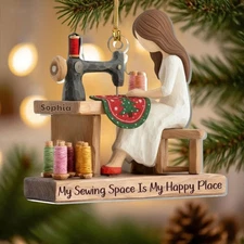 Personalized Sewing Girl Christmas 3D Snow Ornament, My Sewing Space Is My Happy