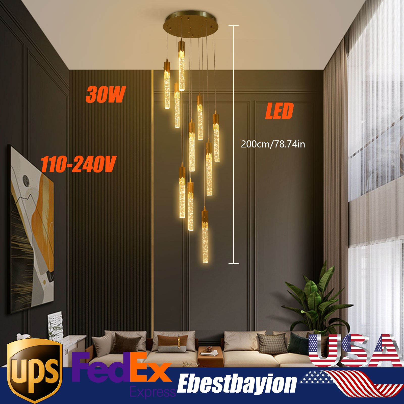 Elegant Modern Crystal Chandelier Adjustable Pendant Light for High Ceilings