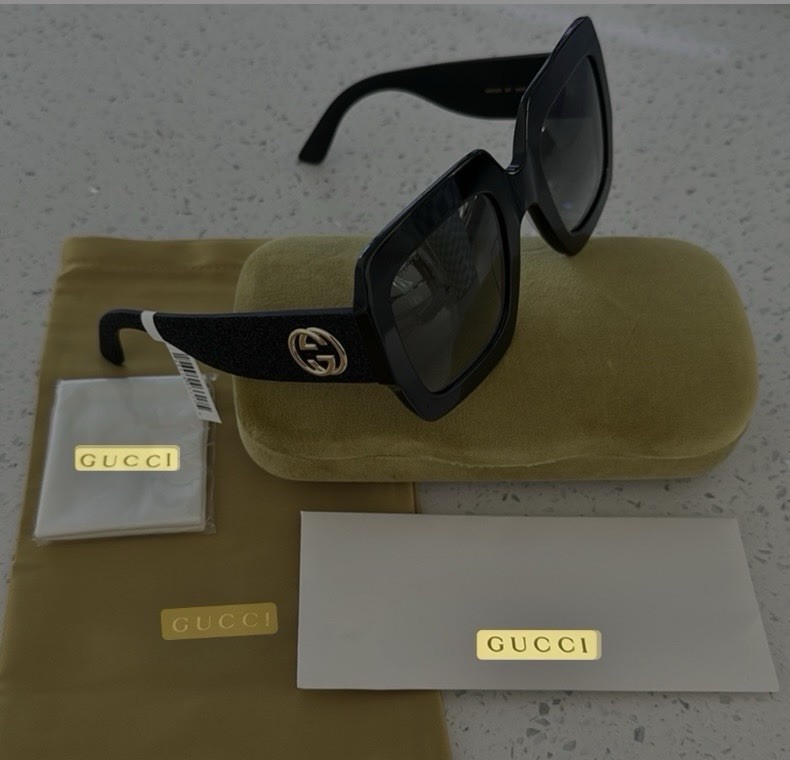 Gucci Women’s Oversized Square Sunglasses Black Plastic Frame Gray Tinted