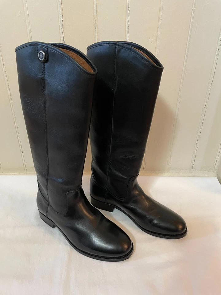 FRYE Melissa Button 2 Riding Boots Tall Leather Block Heel Flat Black, Size 7.5 - Image 2 of 4