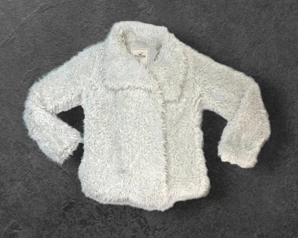 Abrigo Hollister Marfil Blanco Imitación Piel Frente Abierto Falso Difuso Cómodo Talla Grande XL Foto 3 de 4