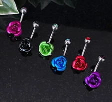 1pc Colored Metal Rose Belly Ring CZ Gem Pierced Navel Naval Flower