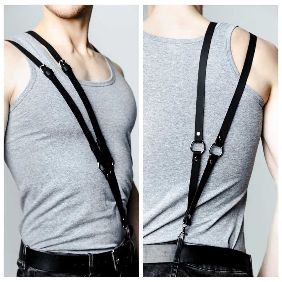 Black Vintage Leather Suspenders Braces Shoulder Strap Belt Harness For Men  