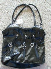 NEW/tags glazed textured vinyl black purse tote satchel 13"x12" w/8" strap drop