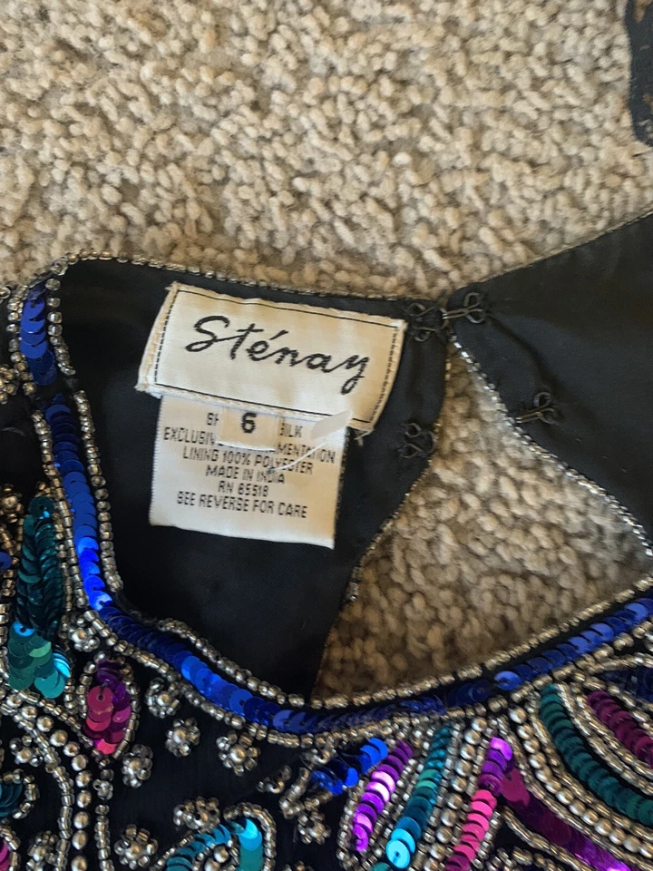 VINTAGE 80s 90s SEQUIN LITTLE BLACK DRESS SZ 6 SILK MARDI GRAS MUTI COLOR FORMAL - Image 4 of 4