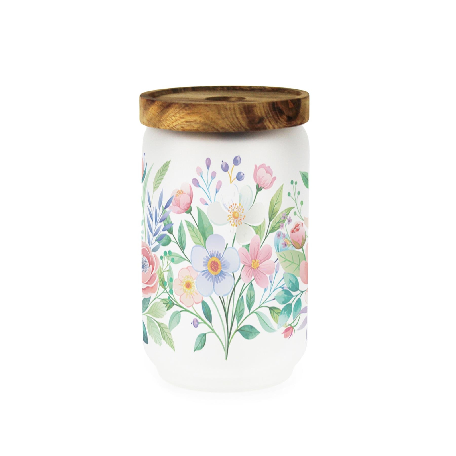 Floral Bouquet Storage Canister - Glass Storage Jar with Wooden Lid