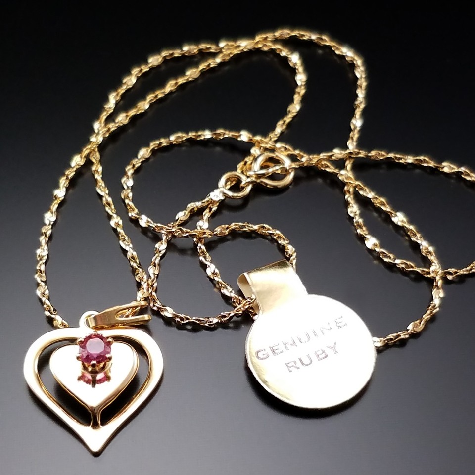 Vintage Jewelry 14K Gold Filled Real Ruby Birthstone Heart Necklace 70s