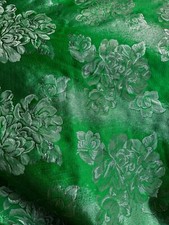 Kelly Green  Silver Floral - Faux Silk Brocade Jacquard Fabric