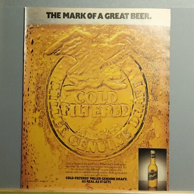 1989 Miller Genuine Draft Print Ad Cold Filtered Mark of a Great Beer VG