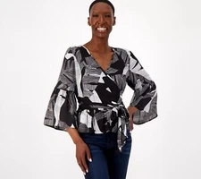 Attitudes By Renee Global Illusions Faux Wrap Shirt Etched Palms XS New