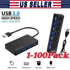 USB Hub 7 Port On/Off Switch High Speed Splitter AC Adapter Cable PC Laptop Lot