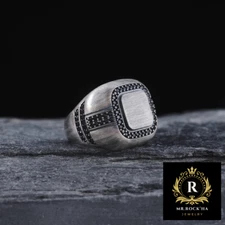 Square Domed Simple Design,Black Zircon Stone,Handmade,925 K Silver Men's Ring