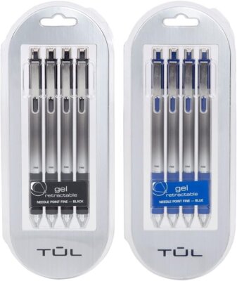 TUL Retractable Gel Pens 0.5mm Needle Point Fine, Black/Blue Bundle (2 4-packs)