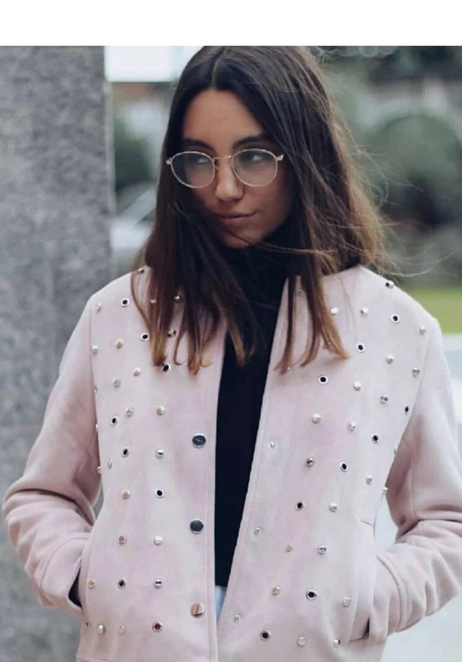 ZARA LIGHT PINK SUEDE EFFECT STUDDED JACKET WITH ZIPPED POCKETS SMALL RRP£70 NEW - Image 3 of 4