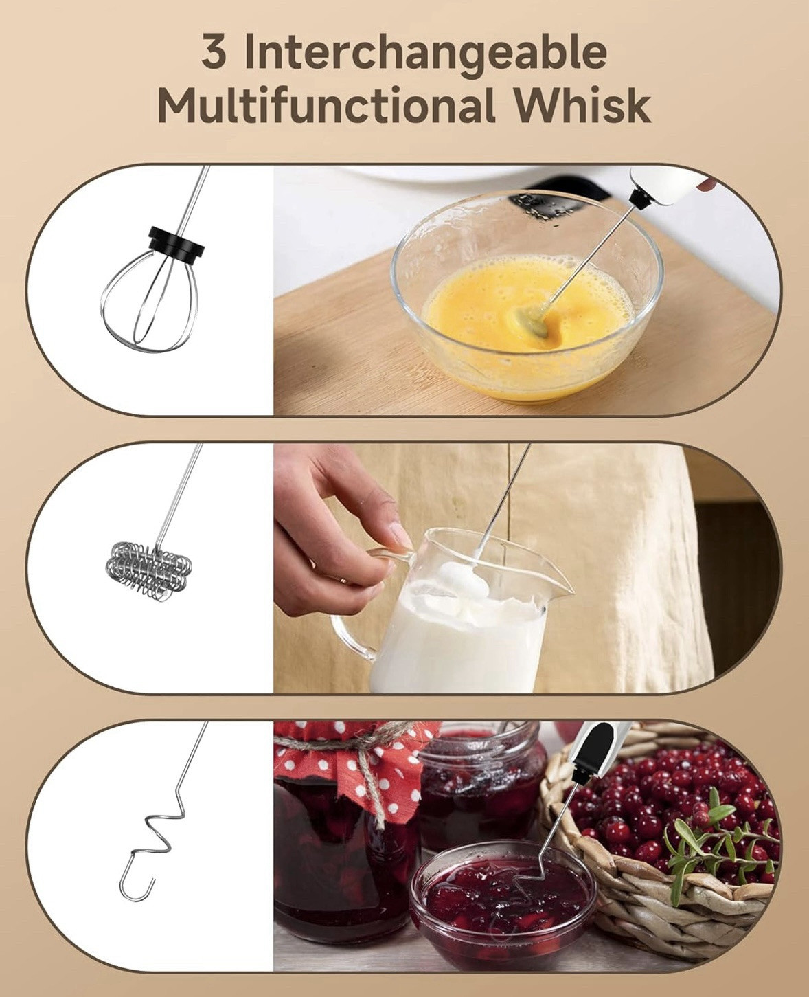 Rechargeable Electric Whisk with 3 Heads 3 Speeds Drink Mixer 