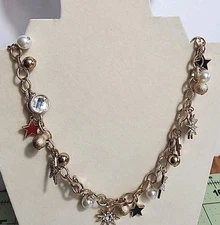 Charming Charlie Long Necklace Gold Tone Chain w Rhinestone Charms & Faux Pearls